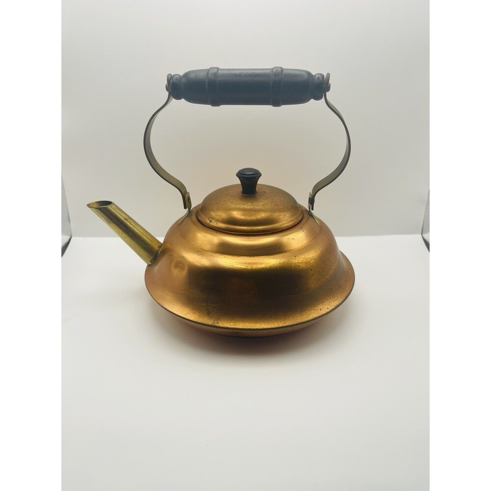 Vintage Copper Tea Kettle Brass Spout Wood Handle 8” Kitchen Stove MCM
